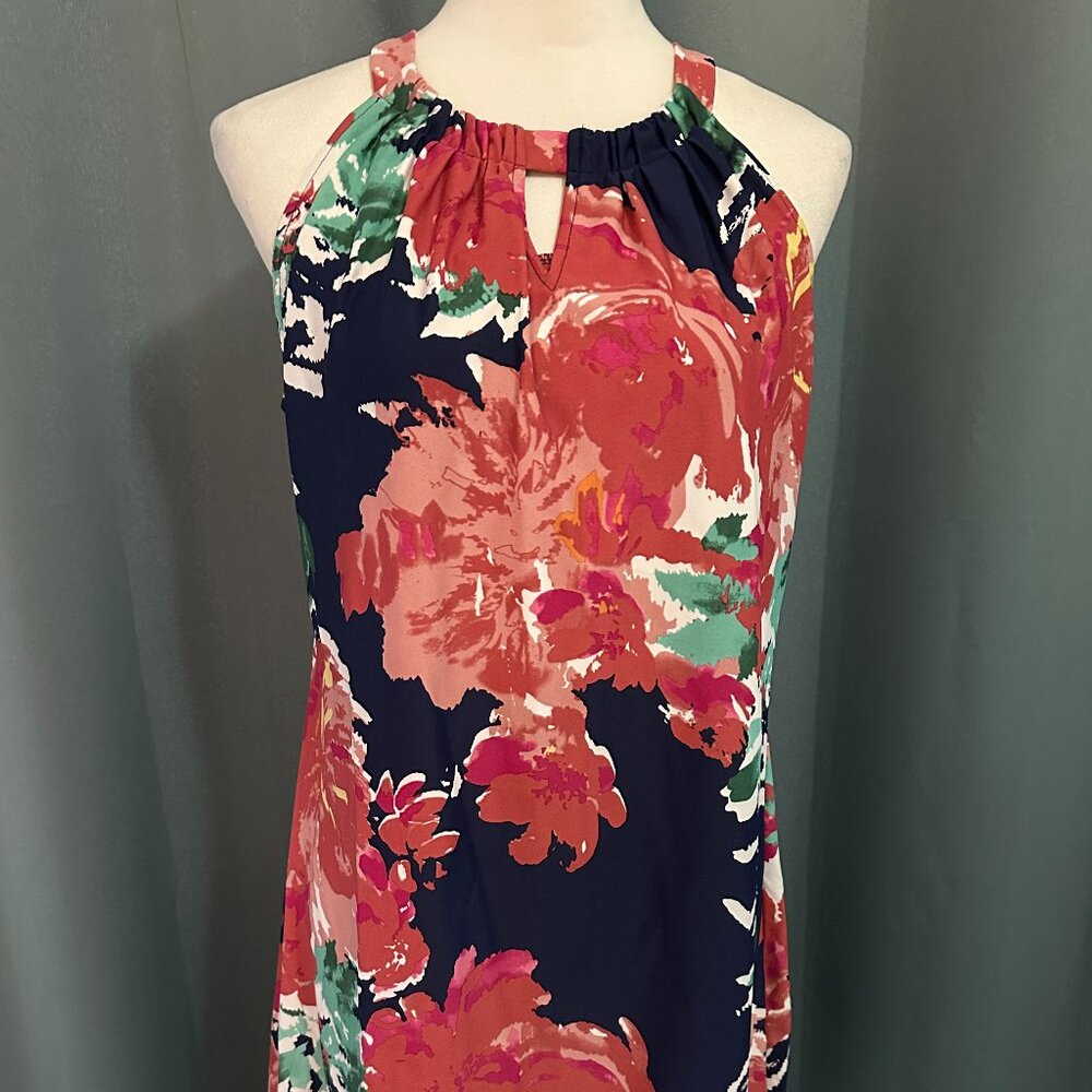 Aryeh Floral Dress Women's Sleeveless Keyhole Neck Navy Coral Stretch Shift M